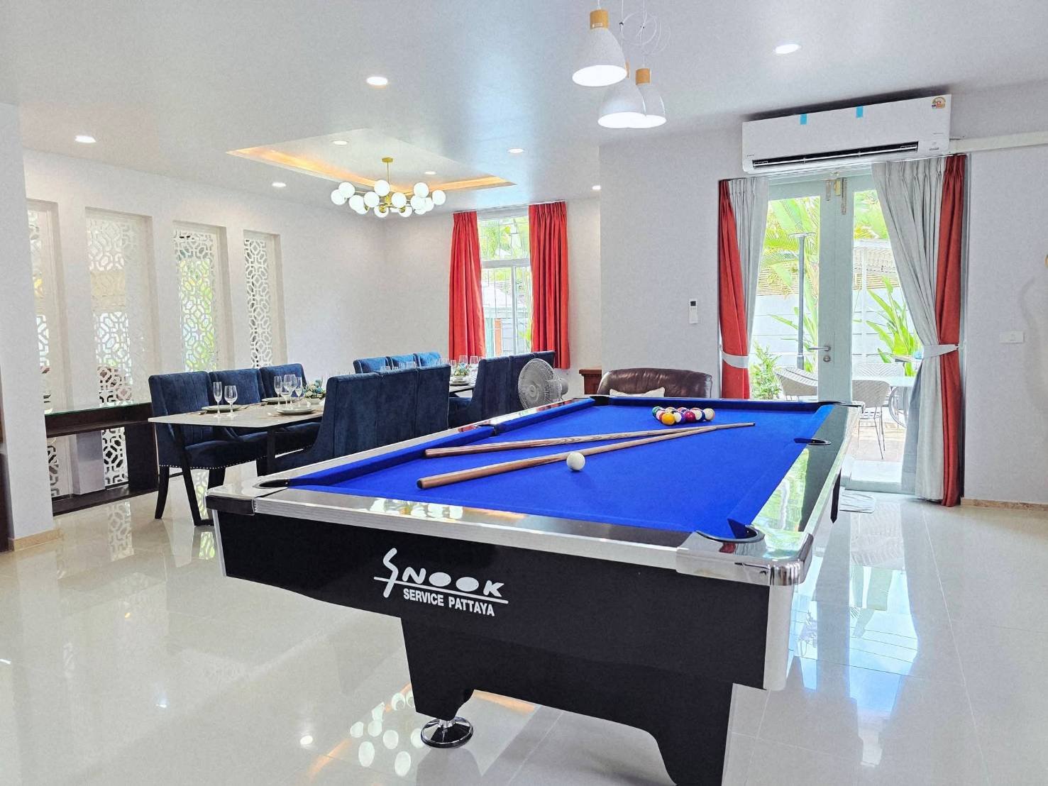 Pool table and dining area
